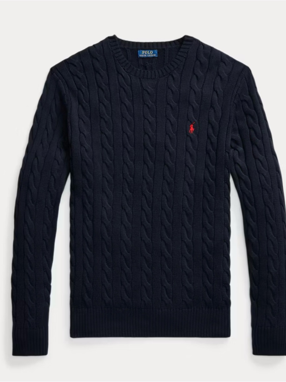 Polo Ralph Lauren Men’s L Navy Cable Knit Cotton Crewneck Sweater Red Pony
